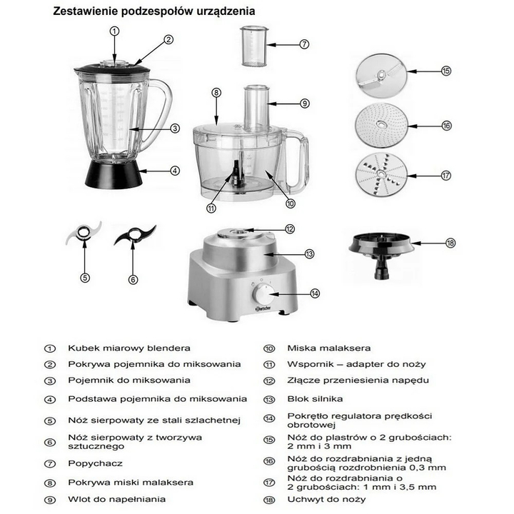 Robot kuchenny FP1000, malakser 2l, mikser 1,6l, 3 tarcze tnące, moc 1kW, srebrny, BARTSCHER 150148