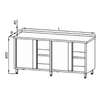 Stół roboczy z 2 szafkami z półkami, drzwiami suwanymi i rantem tylnym, wym. 2000x700x850 mm, E 1120