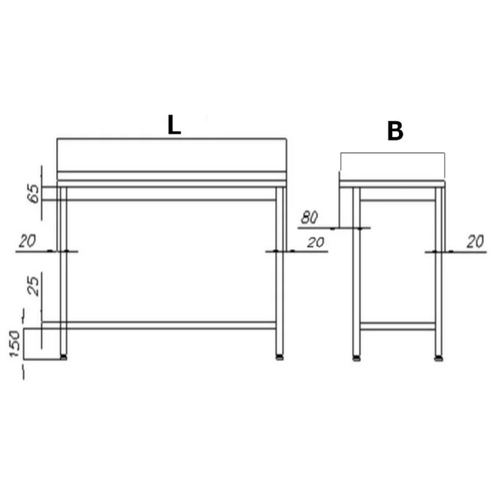 Stół roboczy z półką E 1040 Eco, z blatem 1400x700mm, wys. 850mm, nierdzewny, rant z tyłu