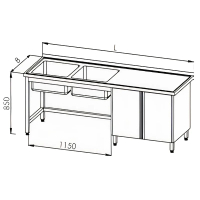 Stół ze zlewem 2-komorowym, szafką z półką, drzwi uchylne, rant tylny, wym. 1800x700x850 mm, E 2290