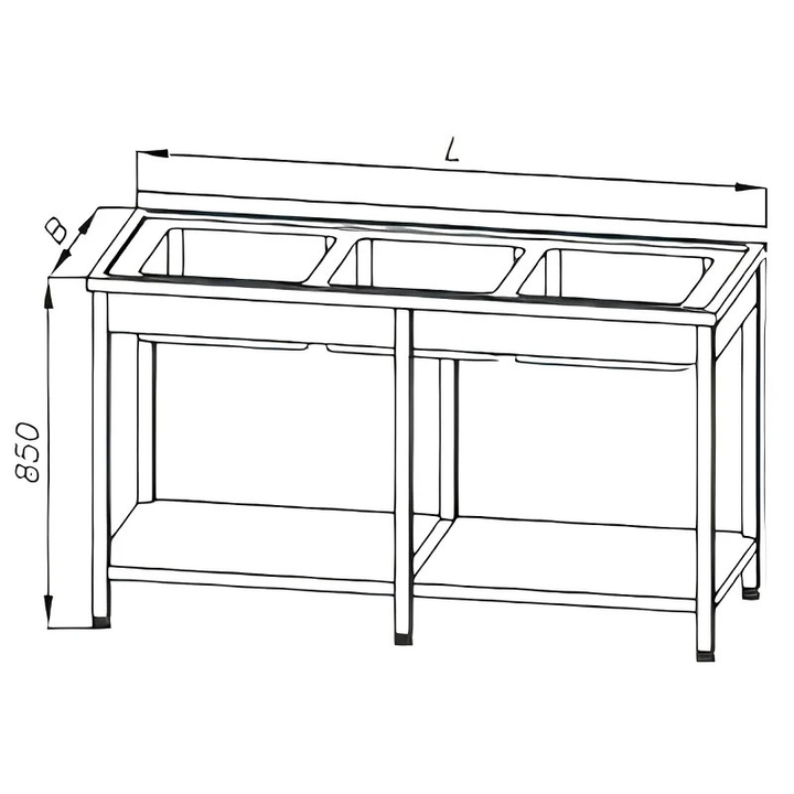 Stół ze zlewem 5-komorowym, półką i rantem tylnym, wym. 2400x600x850 mm, E 2420