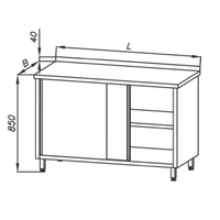 Stół roboczy E 1100 Eco, z szafką i blatem 1200x700 mm, nierdzewny, drzwi suwane, rant z tyłu