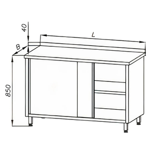 Stół roboczy z szafką, drzwiami suwanymi i rantem tylnym, wym. 1300x700x850 mm, E 1100