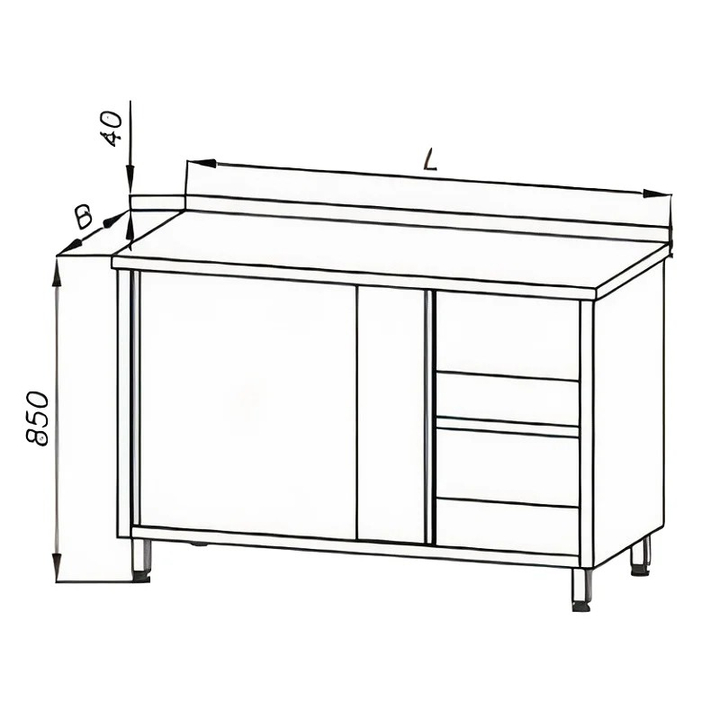 Stół roboczy z szafką, drzwiami suwanymi i rantem tylnym, wym. 1300x700x850 mm, E 1100