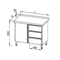 Stół roboczy z szafką po lewej stronie i blokiem 3 szuflad, rant tylny, wym. 800x600x850 mm, E 1183L