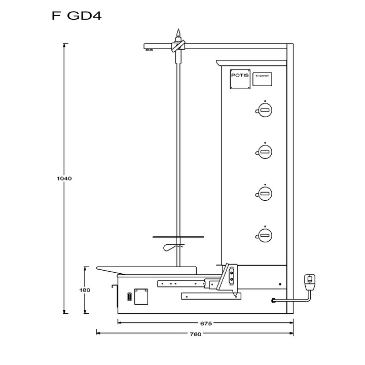 Opiekacz pionowy do 70 kg, do kebaba i gyrosa, grill gazowy, 14/ 11,2 kW, nierdzewny, POTIS F GD4