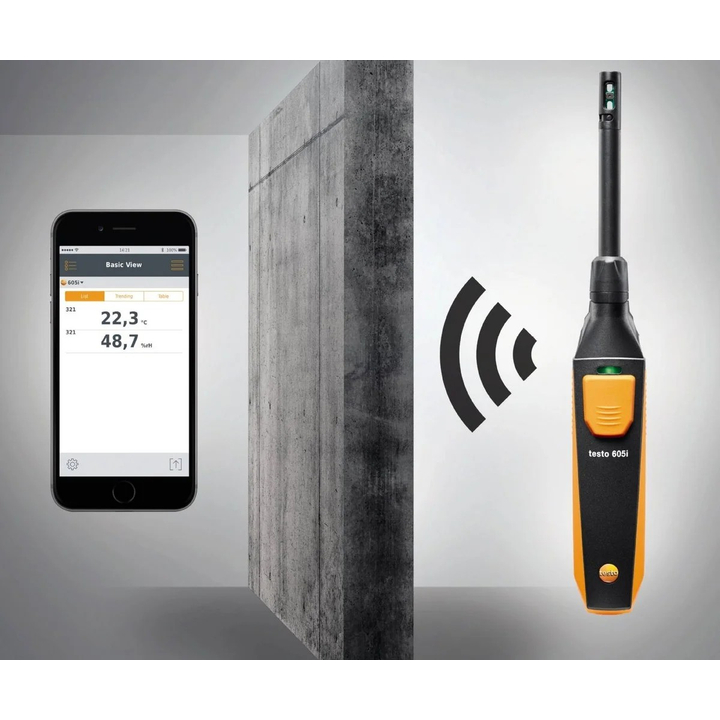 SmartSonda Bluetooth TESTO 605i-2, higrotermometr 0560 2605 02, kontrolowany za pomocą Smartfona