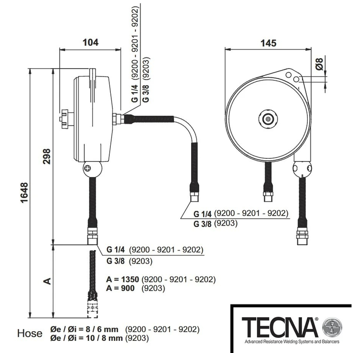 Balanser, odciążnik, przeciwwaga 1,2-2,5 kg, szlauch poliuretanowy, wąż powietrzny 135cm, TECNA 9202