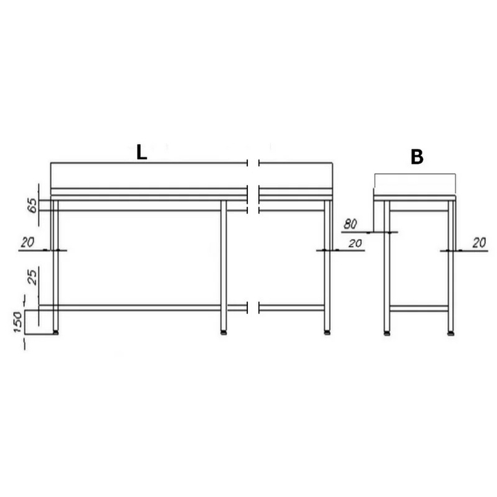 Stół roboczy z półką E 1041 Eco, z blatem 2000x600mm, wys. 850mm, nierdzewny, rant z tyłu