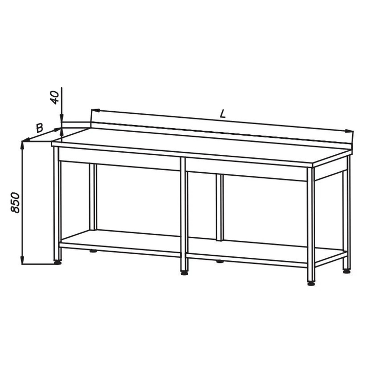 Stół roboczy z półką E 1041 Eco, z blatem 2000x600mm, wys. 850mm, nierdzewny, rant z tyłu