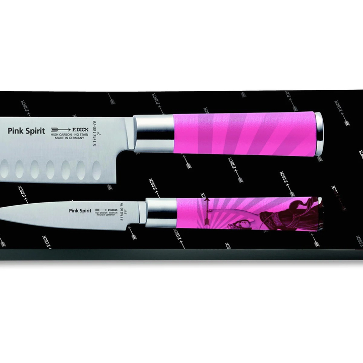 Zestaw 2 noży PINK SPIRIT, ryflowany, japoński Santoku, krótki nóż kuchenny, różowy, DICK 8179700-79