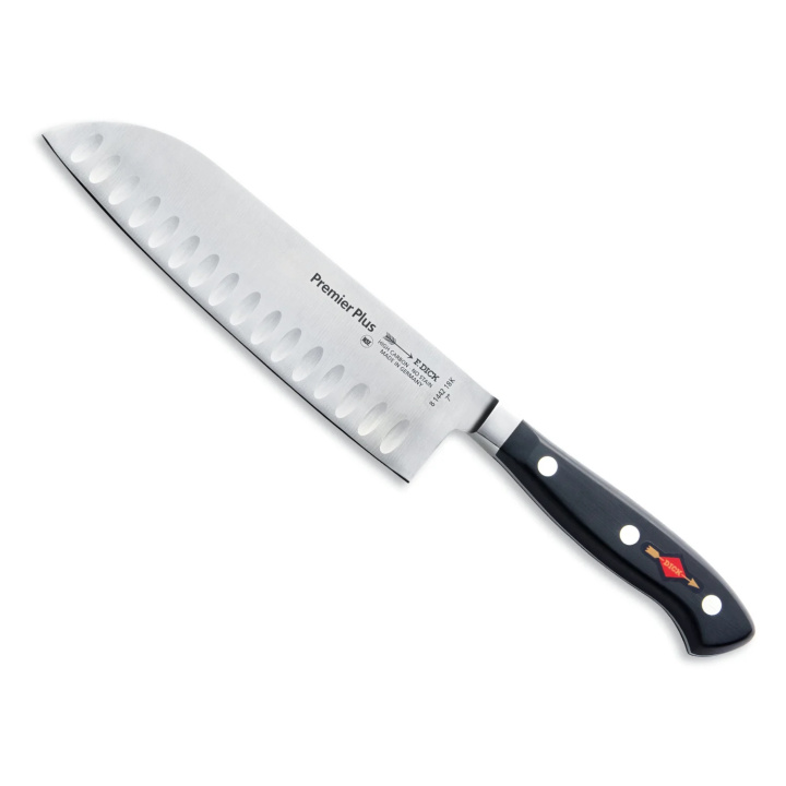 Nóż Santoku PREMIER PLUS EURASIA, japoński, ryflowany, kuty, 18cm, nierdzewny, czarny, DICK 8144218K