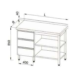 Stół roboczy z blokiem 3 szuflad po lewej, 2 półkami i rantem tylnym, wym. 1900x700x850 mm, E 1169 L