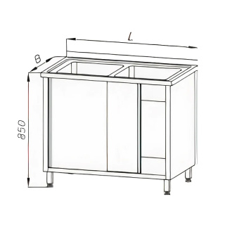 Stół ze zlewem 2-komorowym, szafką, drzwiami suwanymi i rantem tylnym, wym. 1700x600x850 mm, E 2280