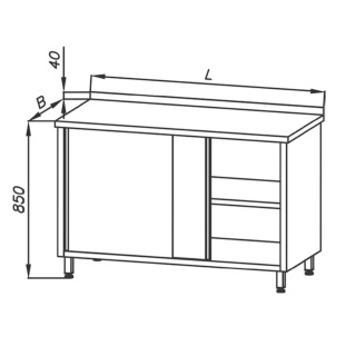 Stół roboczy E 1100 Eco, z szafką i blatem 1200x700 mm, nierdzewny, drzwi suwane, rant z tyłu